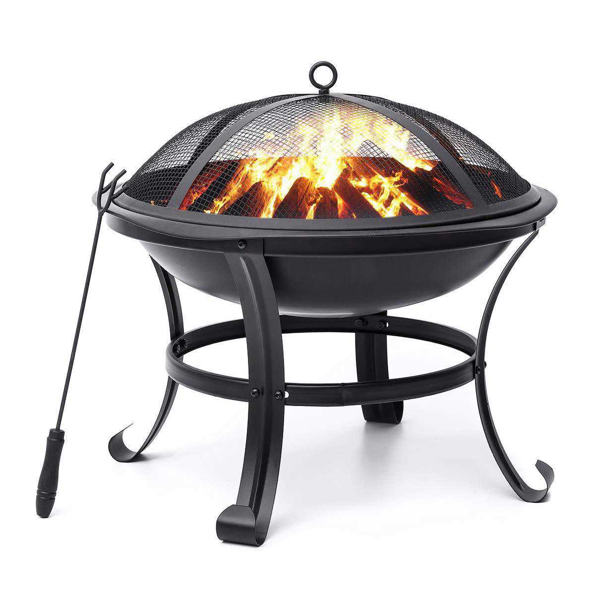 KingSo Outdoor Fire Pit 22 - Steel BBQ Grill with Mesh Screen Cover, Log Grate & Poker