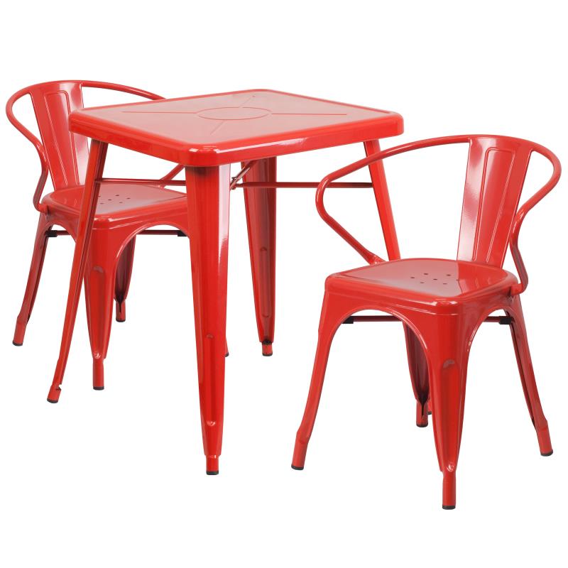 Flash Furniture Owen Commercial Grade 23.75 Square Red Metal Indoor-Outdoor Table Set with 2 Arm Chairs