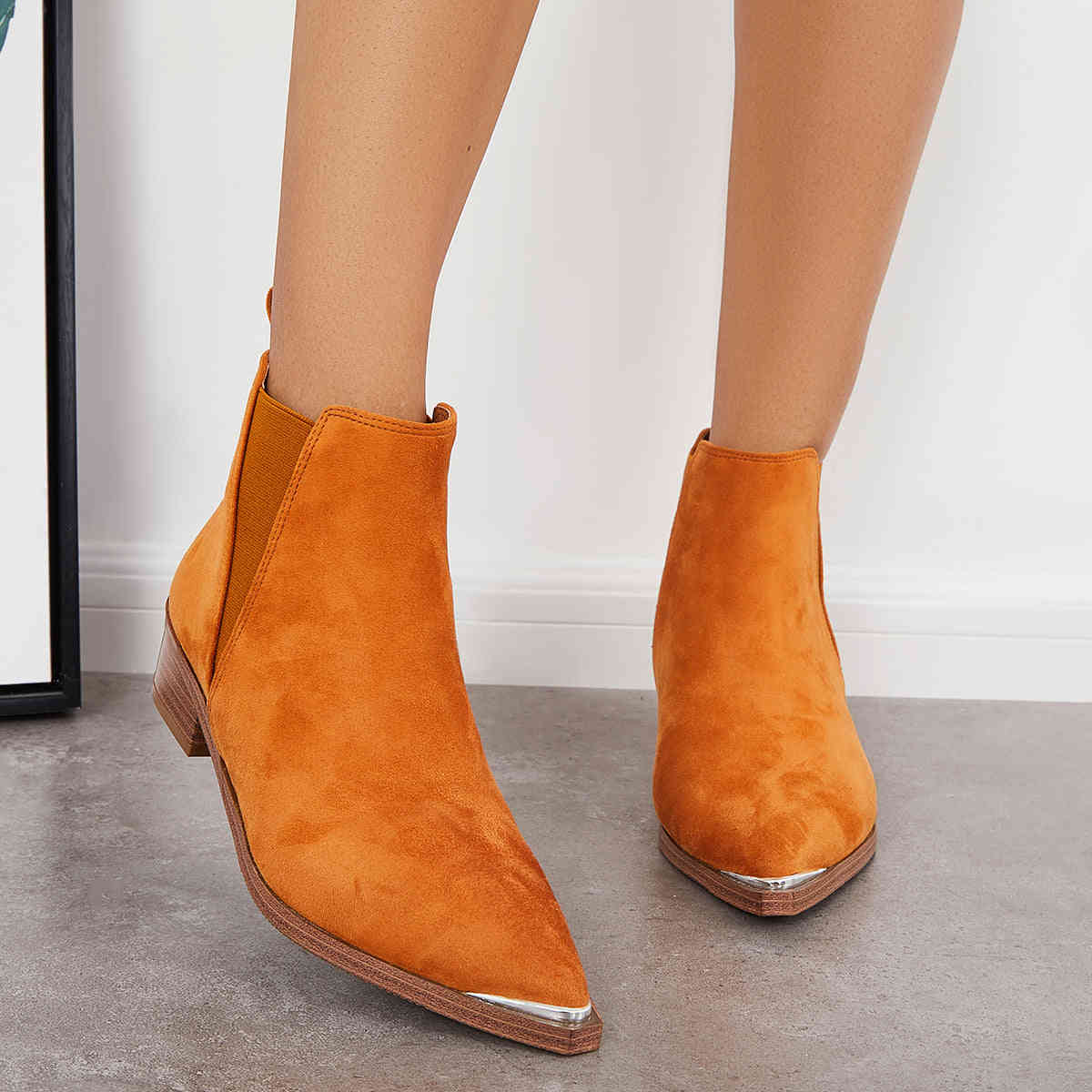 Women's Pointed Toe Western Ankle Boots with Chunky Heel