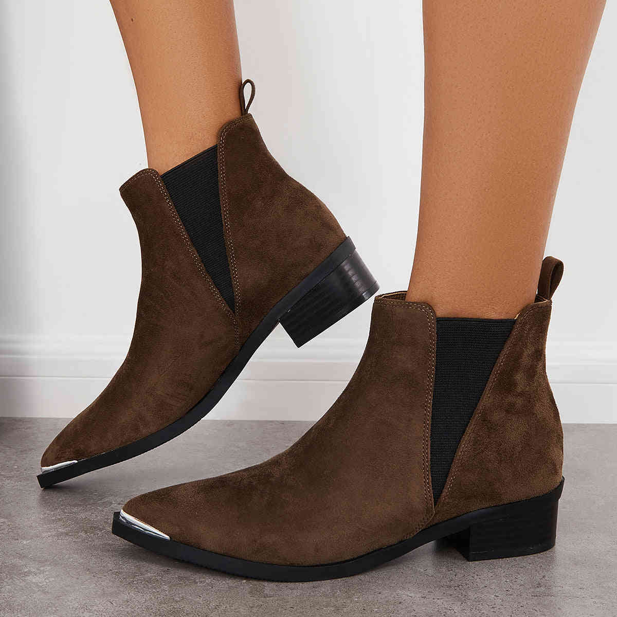 Women's Pointed Toe Western Ankle Boots with Chunky Heel