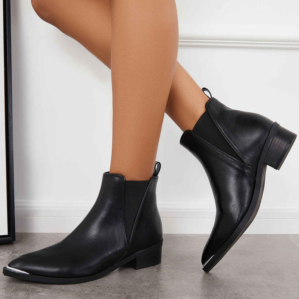 Women's Pointed Toe Western Ankle Boots with Chunky Heel
