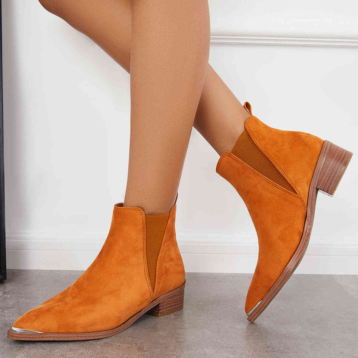 Women's Pointed Toe Western Ankle Boots with Chunky Heel