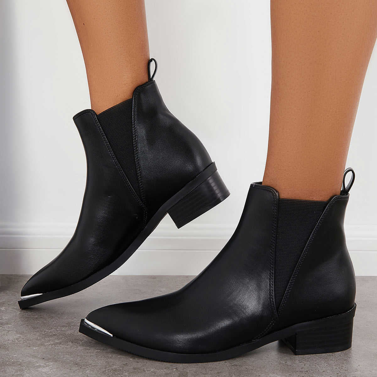 Women's Pointed Toe Western Ankle Boots with Chunky Heel