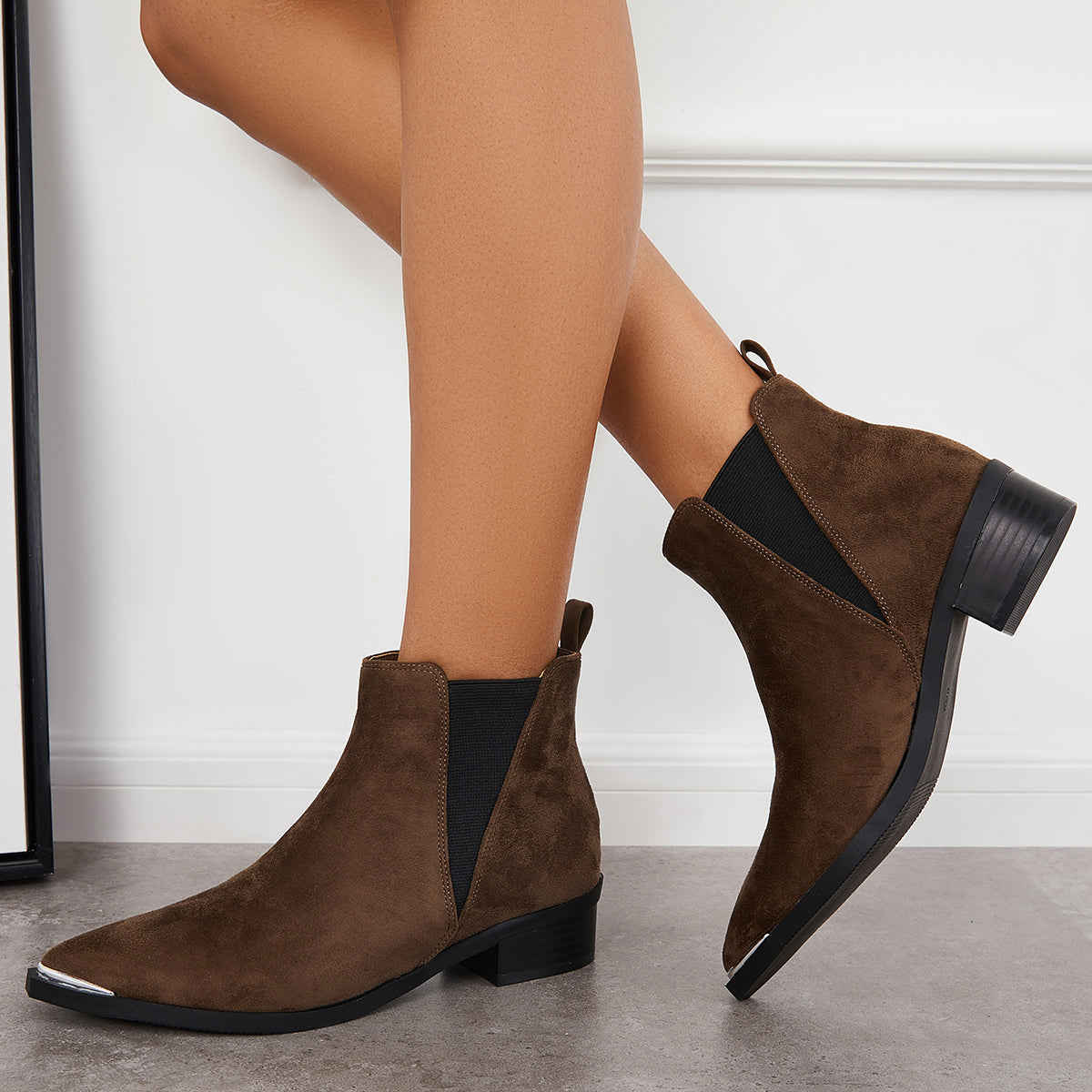 Women's Pointed Toe Western Ankle Boots with Chunky Heel