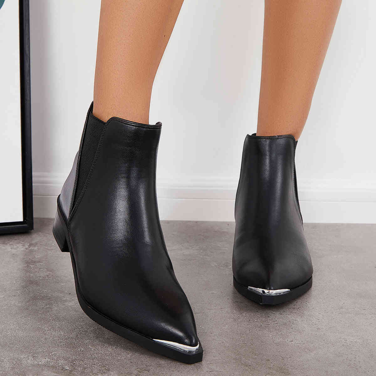 Women's Pointed Toe Western Ankle Boots with Chunky Heel