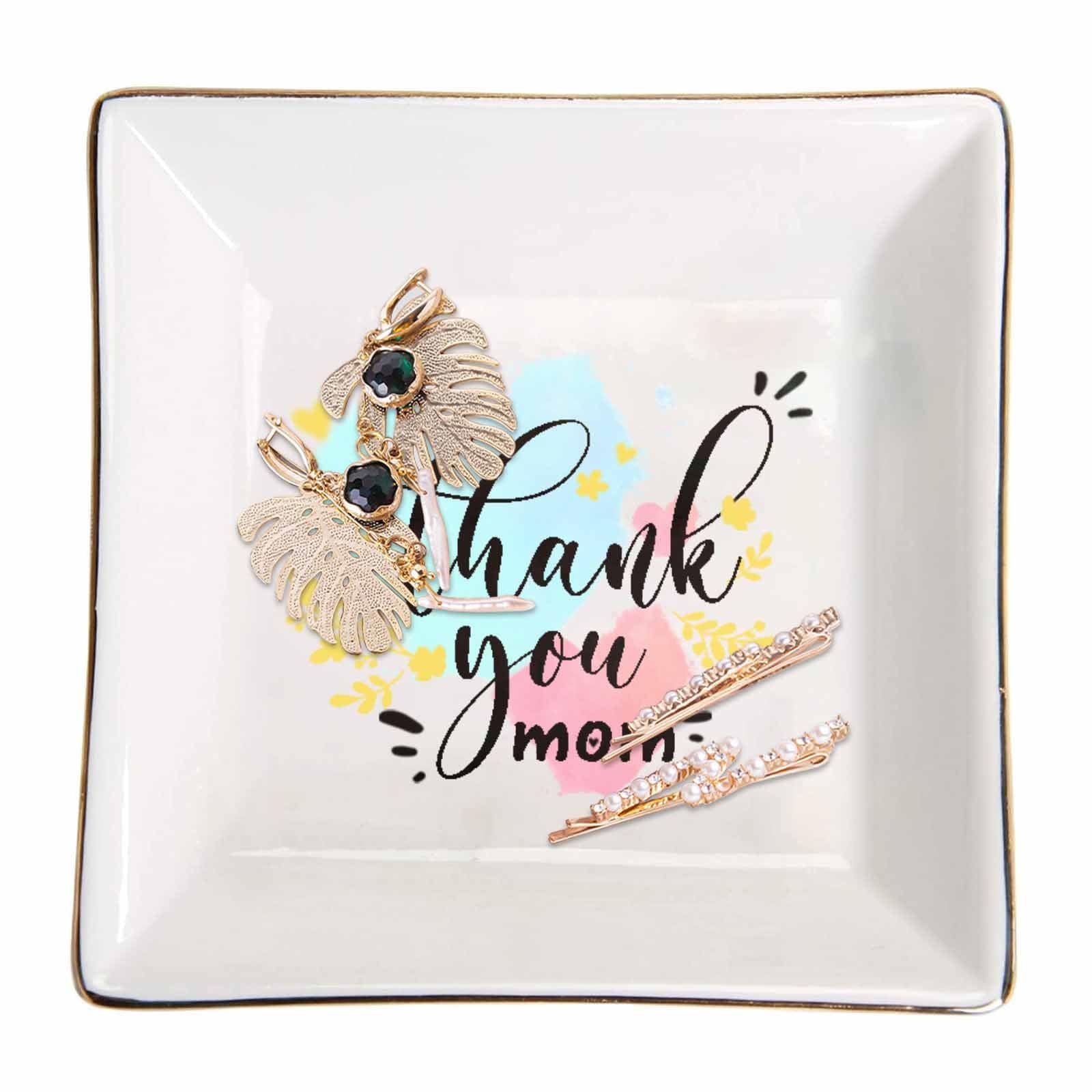 Custom Text Thank You Mom Ceramic Jewelry Tray - Elegant Square Ring Dish for Women