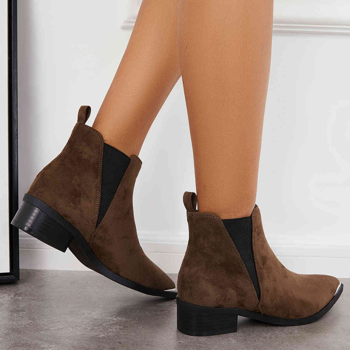 Women's Pointed Toe Western Ankle Boots with Chunky Heel