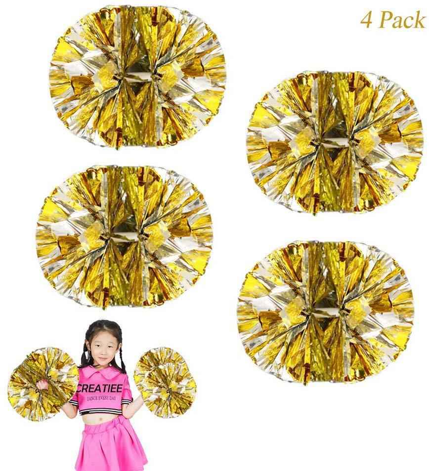 4Pcs Metallic Cheerleading Pom Poms for Kids - Green & Silver, Cheerleader Accessories for Sports Games