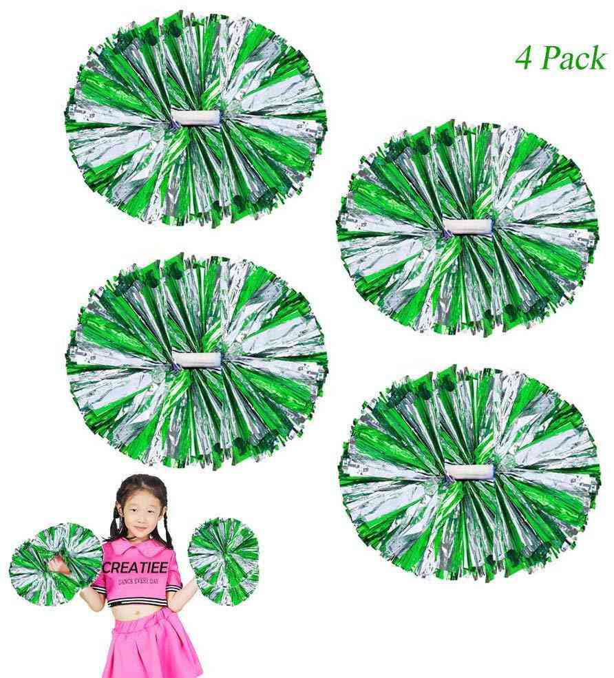 4Pcs Metallic Cheerleading Pom Poms for Kids - Green & Silver, Cheerleader Accessories for Sports Games