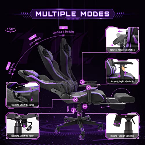 Ergonomic High-Back Gaming Chair with Footrest and Lumbar Support - BlackPurple