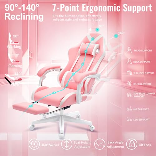 Luxury Pink Ergonomic Gaming Chair with Footrest and Lumbar Support