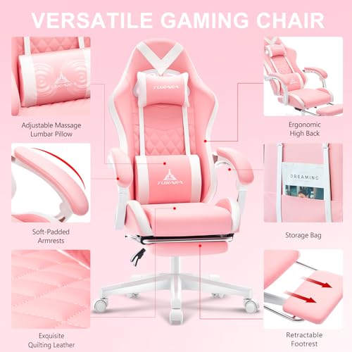 Luxury Pink Ergonomic Gaming Chair with Footrest and Lumbar Support