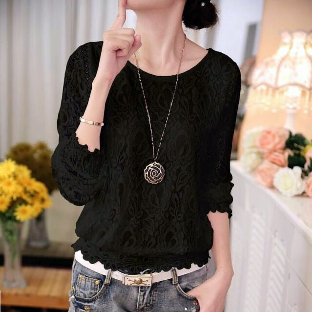 Elegant White Chiffon Lace Crochet Blouse for Women