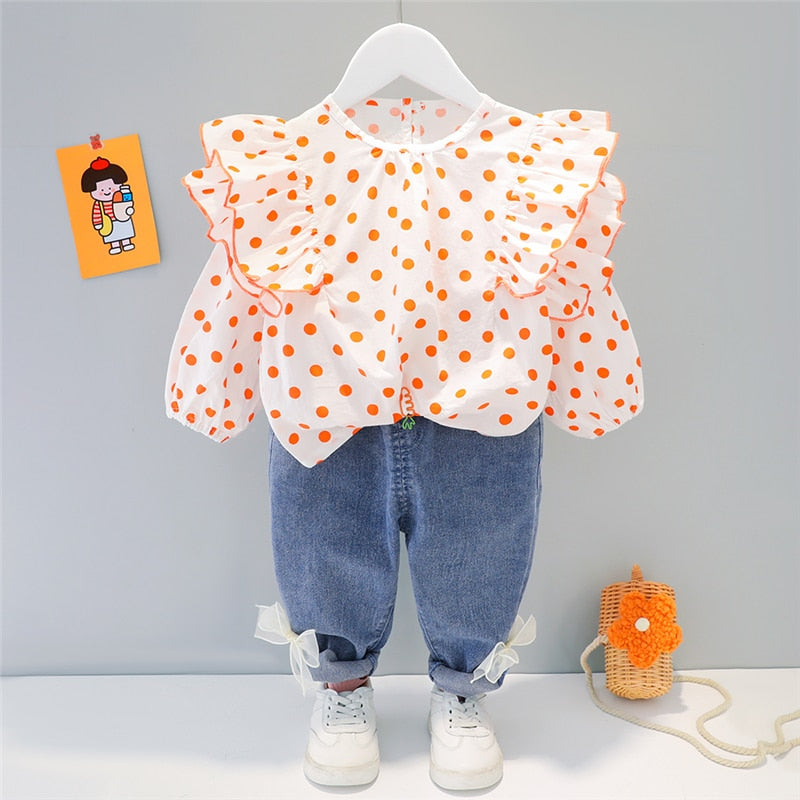 Spring/Autumn Girls' Polka Dot Lace Top & Bow-knot Jeans Set