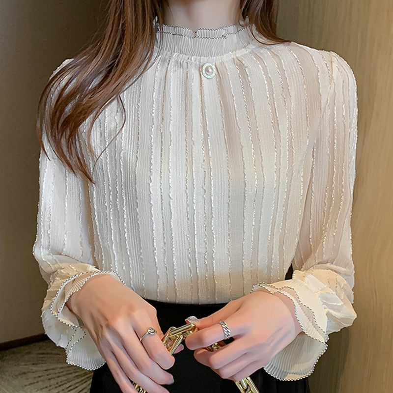 Midweight Long Sleeve Chiffon Stand Collar Blouse for Women