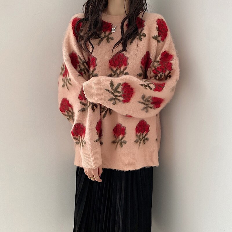 Stylish Women's O-Neck Sweater with Floral Print for Autumn 2023