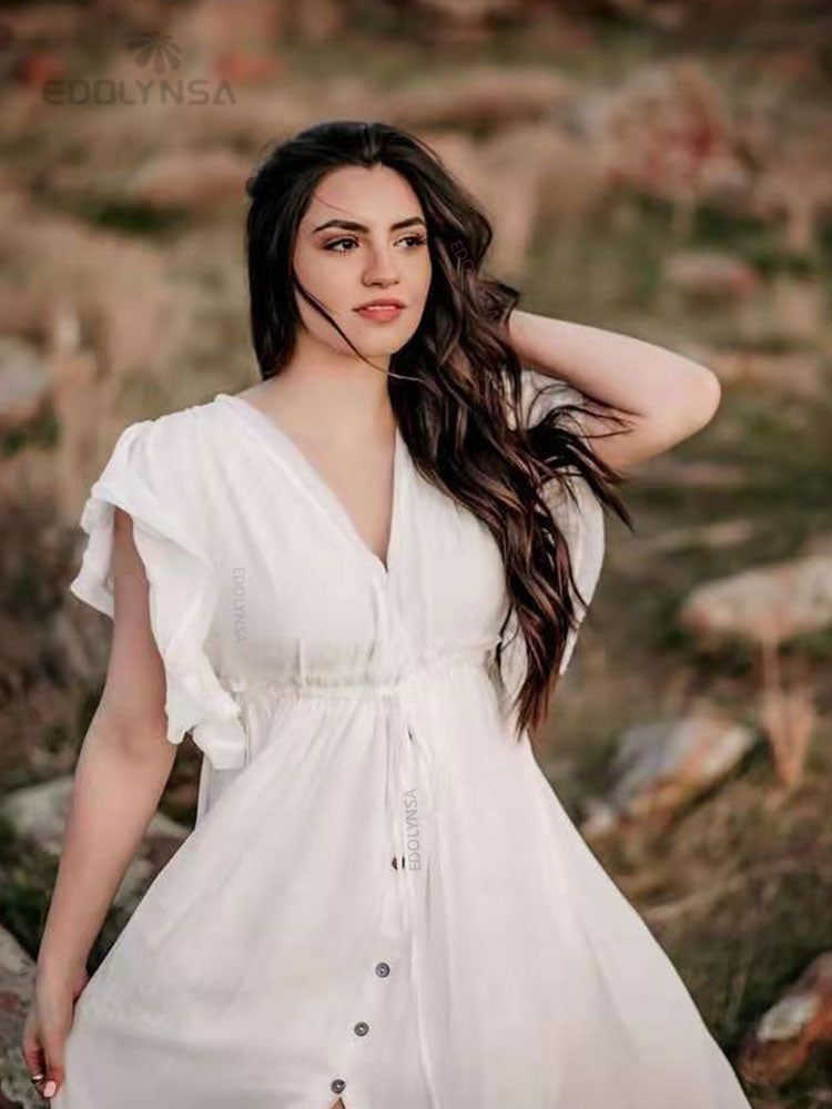 2023 Summer White V-Neck Ruffle Beach Dress for Women