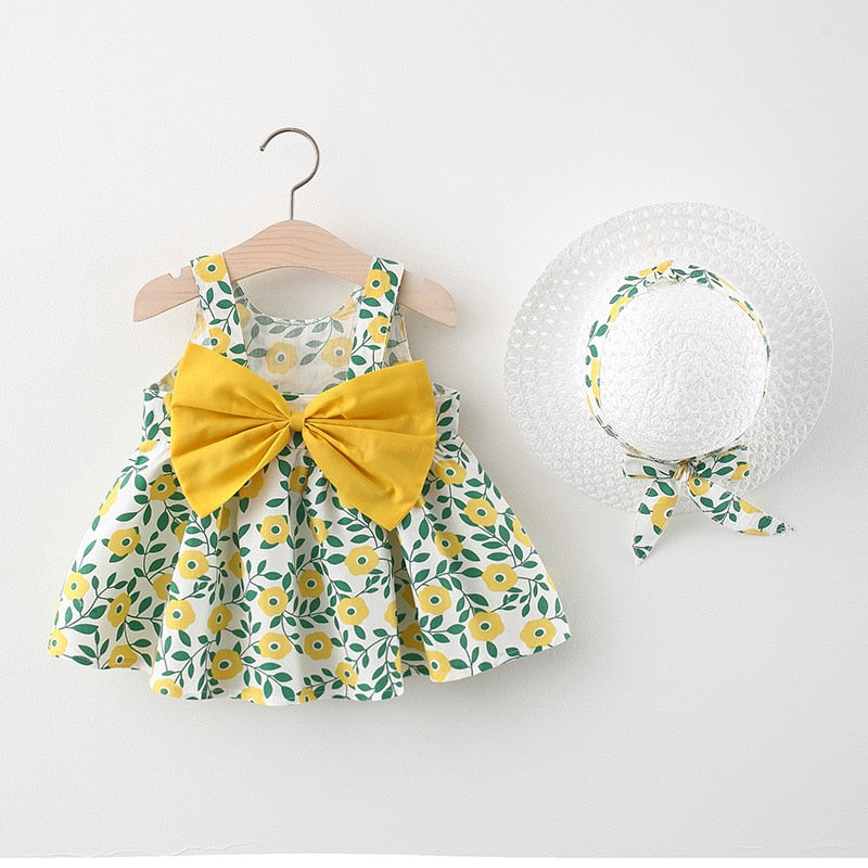 Summer Baby Girls Floral Sleeveless Dresses with Sunhat Set