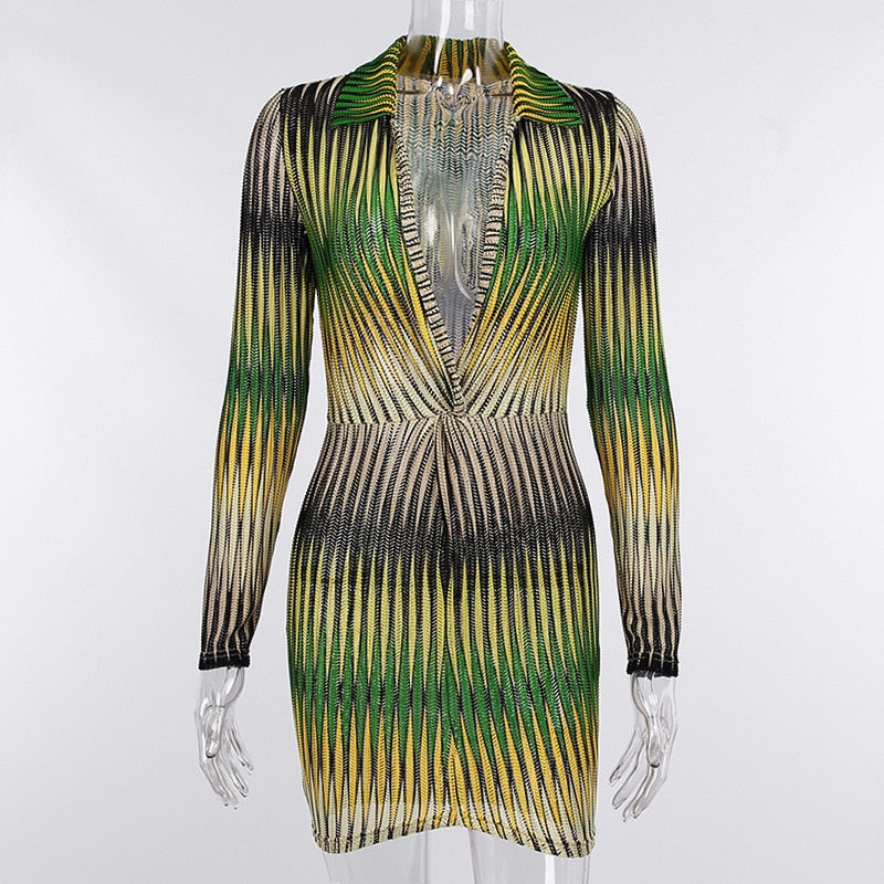 Women's Striped Mini Dress with V-Neck and Empire Waist
