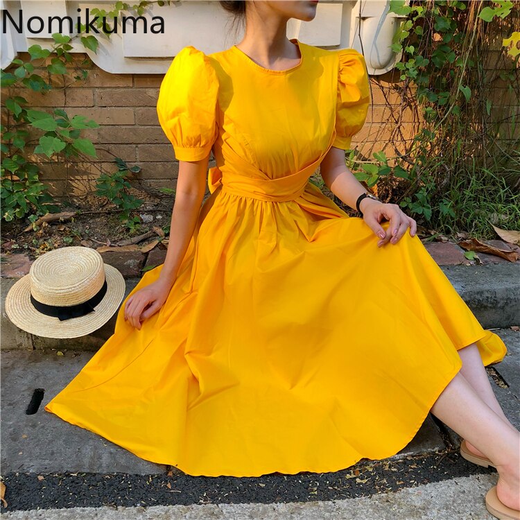 Elegant Puff Sleeve Party Dress with Big Bow