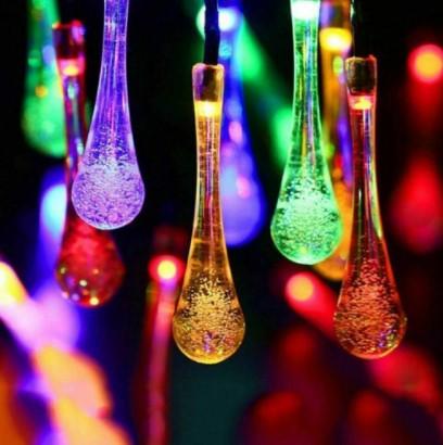 Solar-Powered Multi-Color Raindrop String Lights