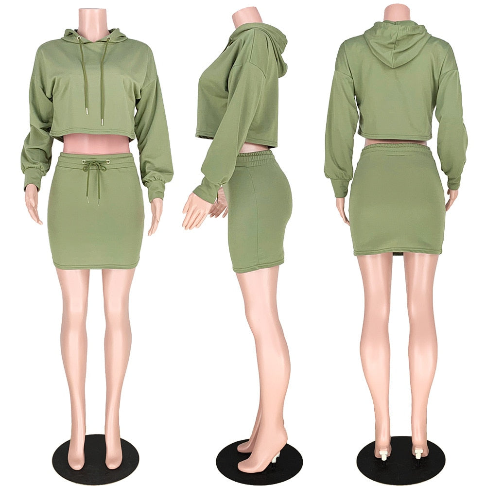 Women's Autumn Hooded Sweater & Mini Skirt Set