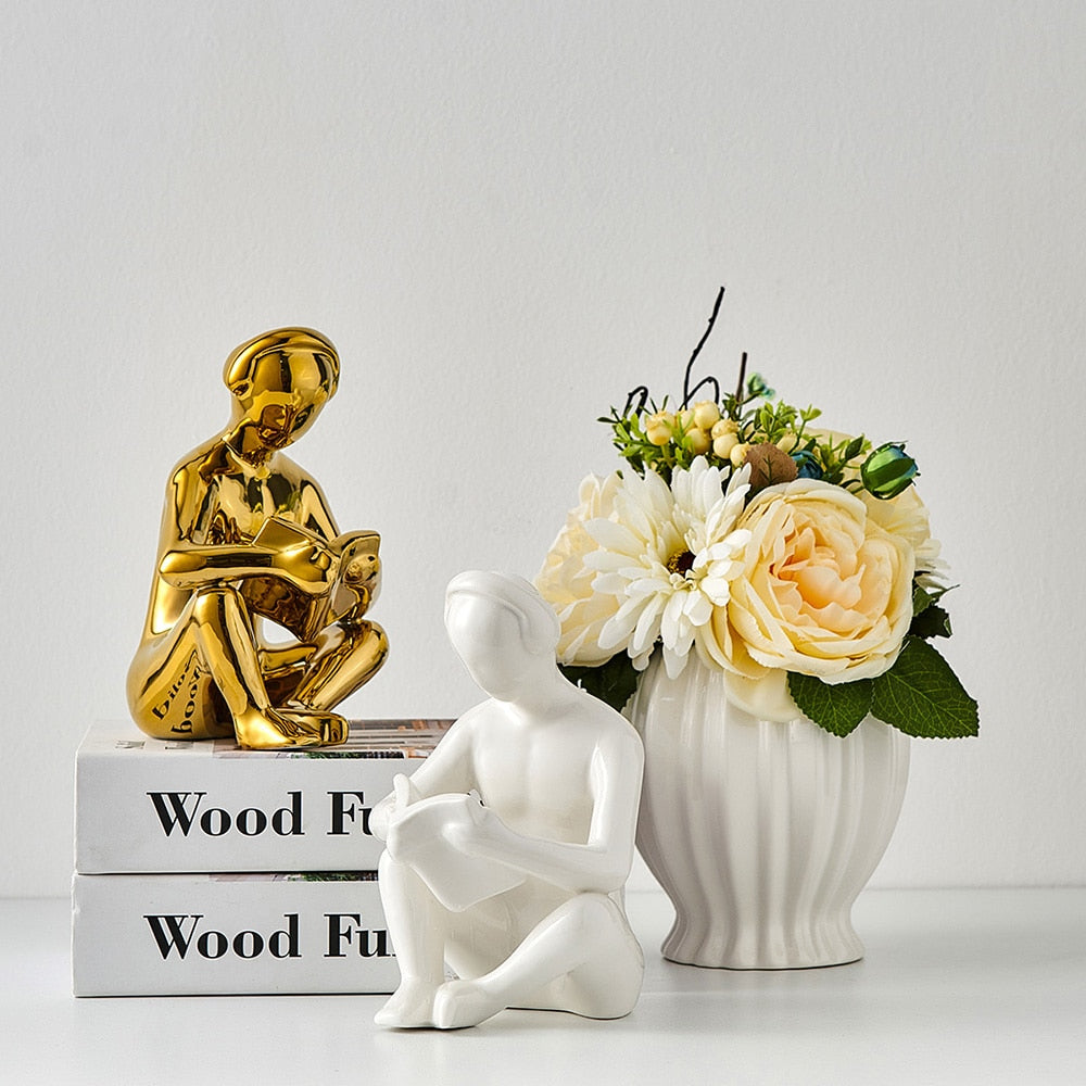 Elegant Reading with Headphones Ceramic Statue