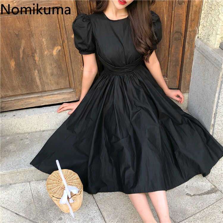 Elegant Puff Sleeve Party Dress with Big Bow