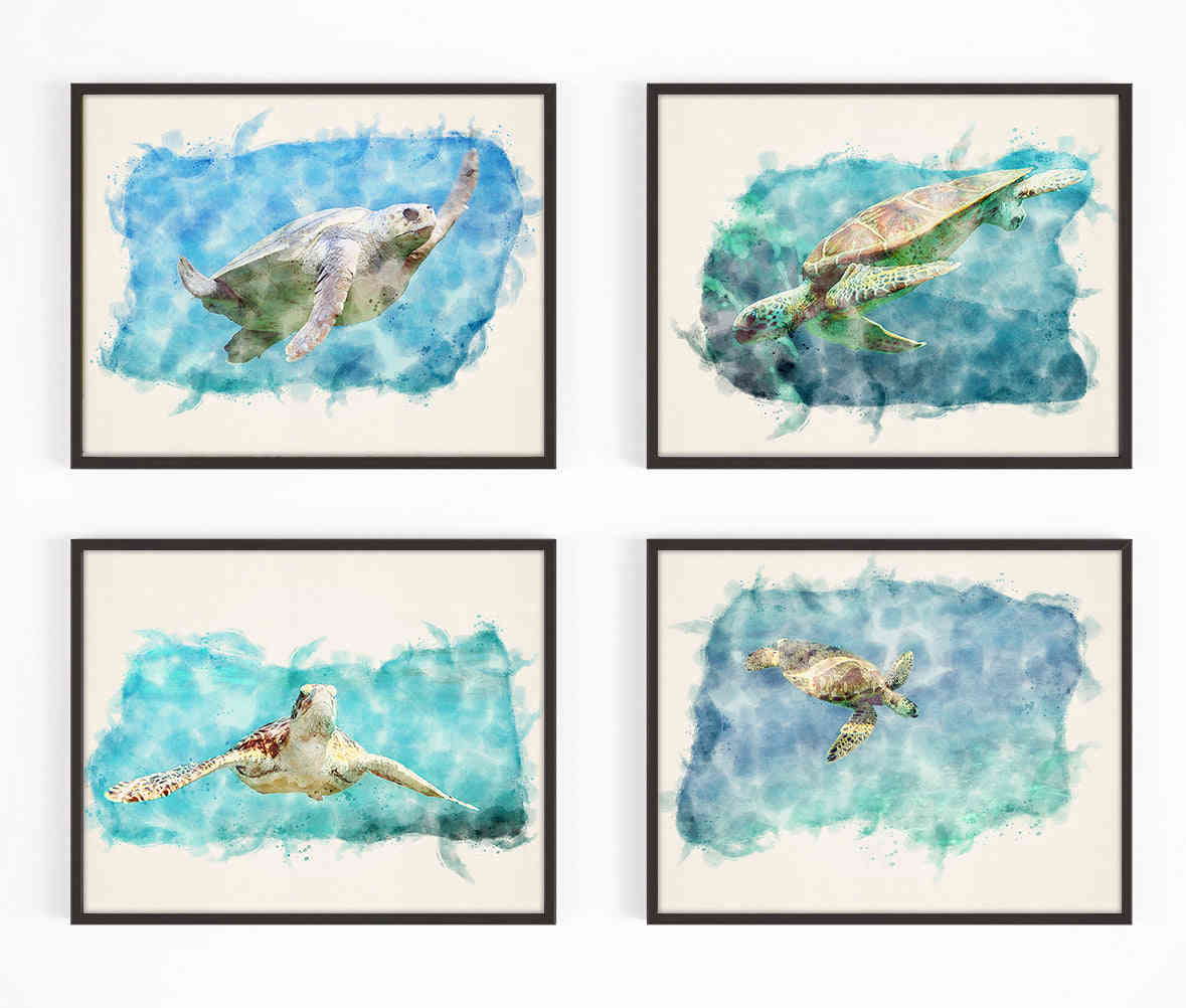 Elegant Sea Turtle Art Prints, Set of 4