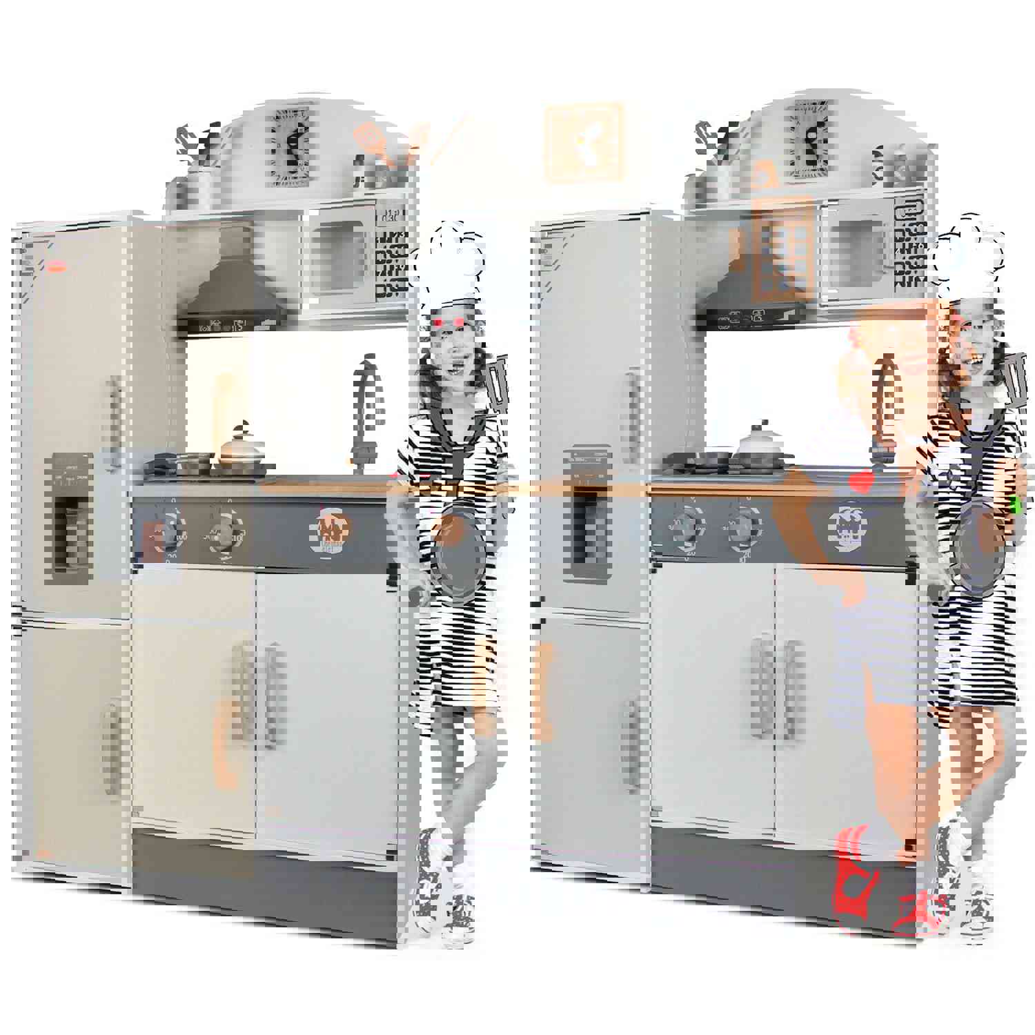 Interactive Wooden Play Kitchen Set with Ice Cube Dispenser and Refrigerator