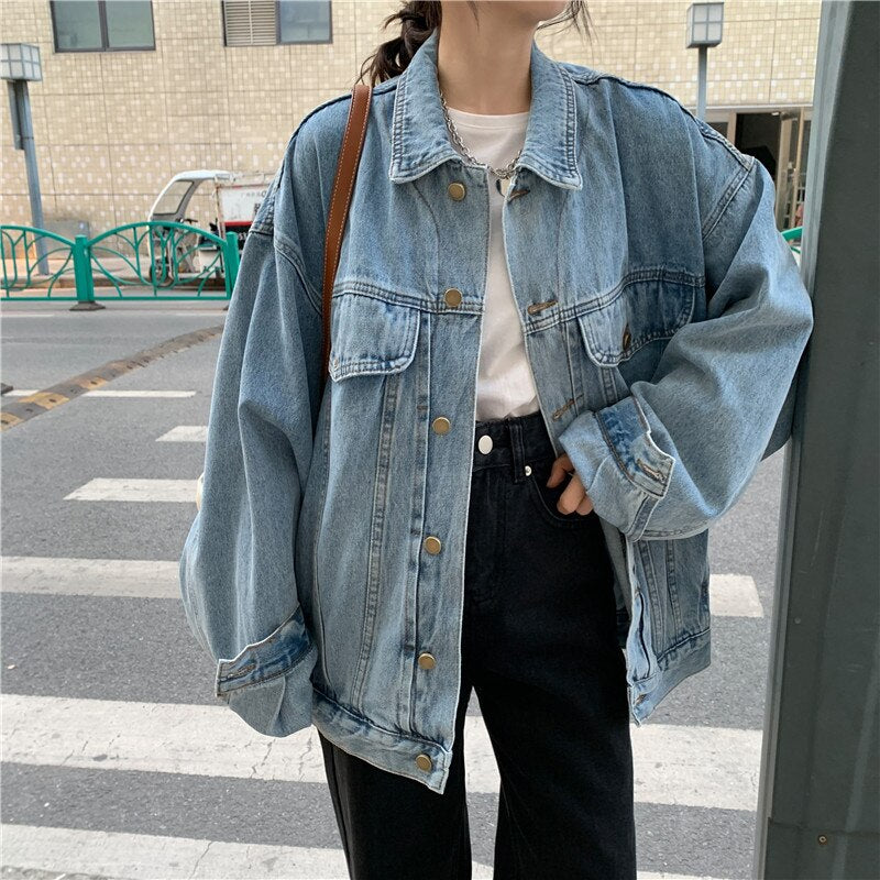 Kukombo Women's Autumn Denim Jacket with Turn-Down Collar
