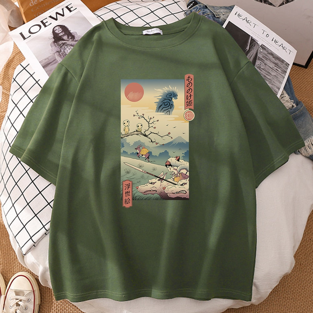 Epic Wolf Princess Ukiyo-e Graphic Tee - Men's Short Sleeve Casual T-Shirt