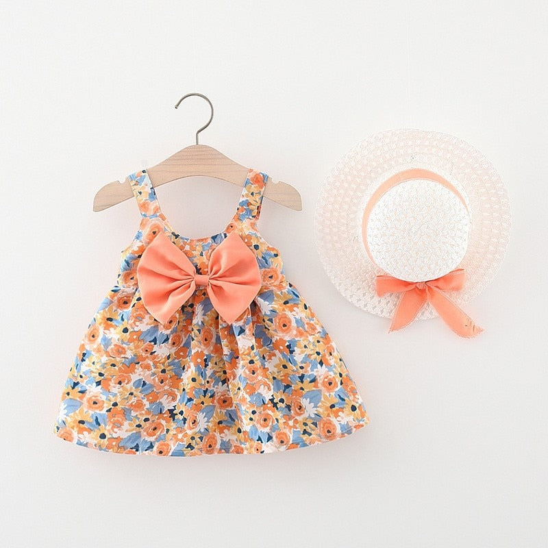 Summer Baby Girls Floral Sleeveless Dresses with Sunhat Set