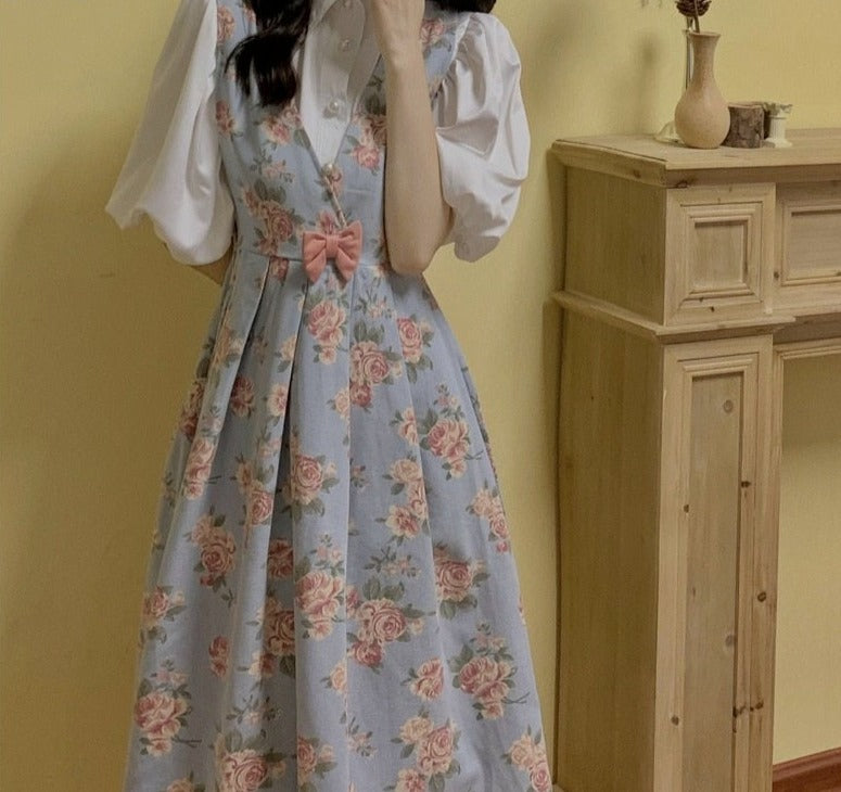 Women's Floral Print Denim Dress with White Blouse Set