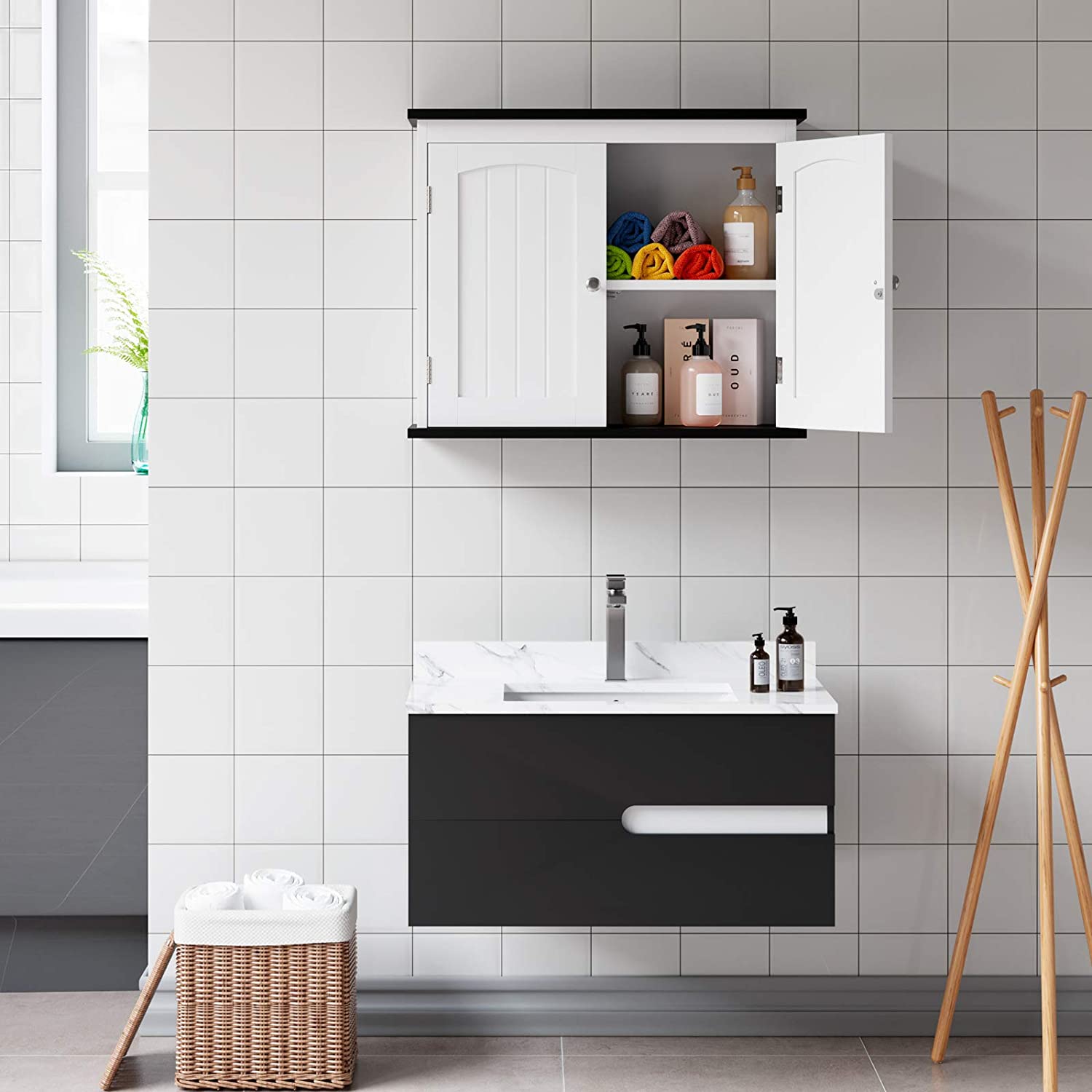 White Wall Mounted Cabinet with 2 Doors for Kitchen and Bathroom