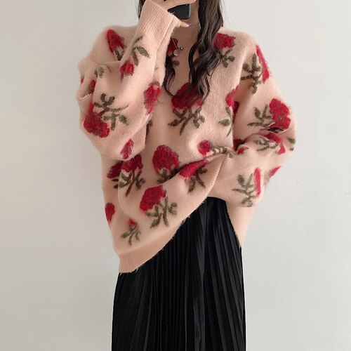 Stylish Women's O-Neck Sweater with Floral Print for Autumn 2023