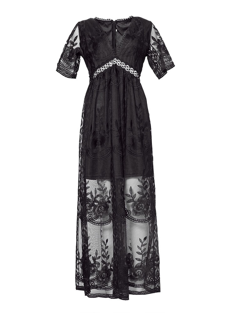 Summer 2023 Boho Women's Embroidered White Lace Maxi Dress