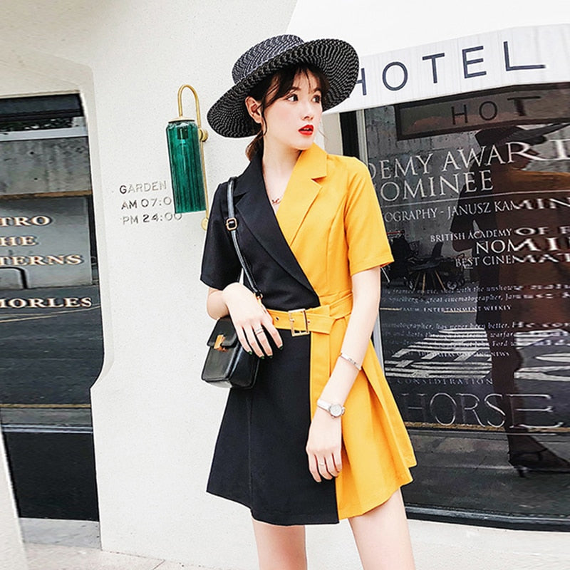 Stylish Summer Women's Mini Dress 2022, Yellow & Black Patchwork Casual Shirt Style