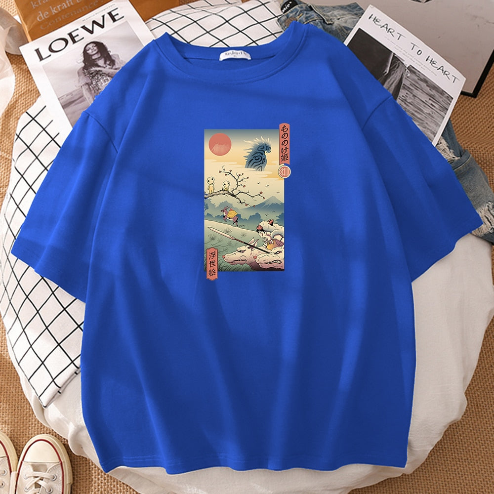 Epic Wolf Princess Ukiyo-e Graphic Tee - Men's Short Sleeve Casual T-Shirt