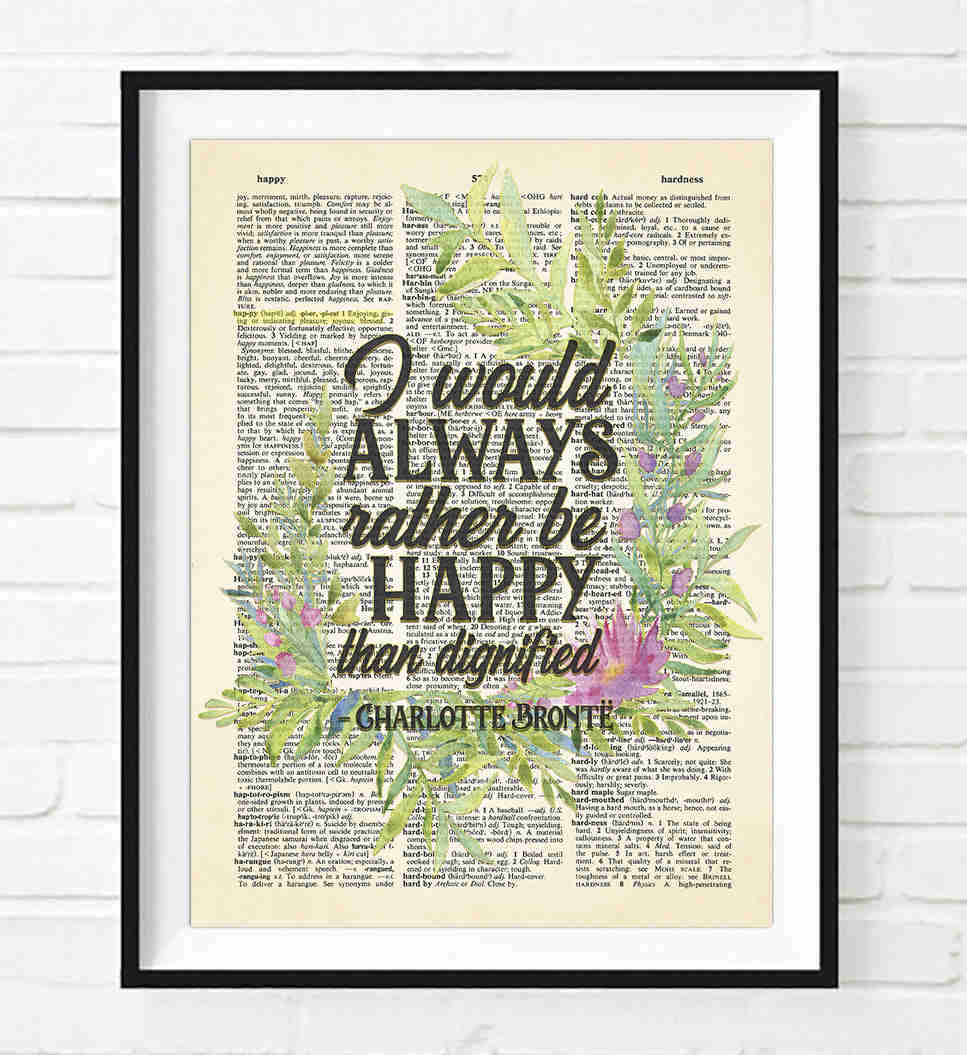Charlotte Bronte Quote Dictionary Art Print - Embrace Happiness