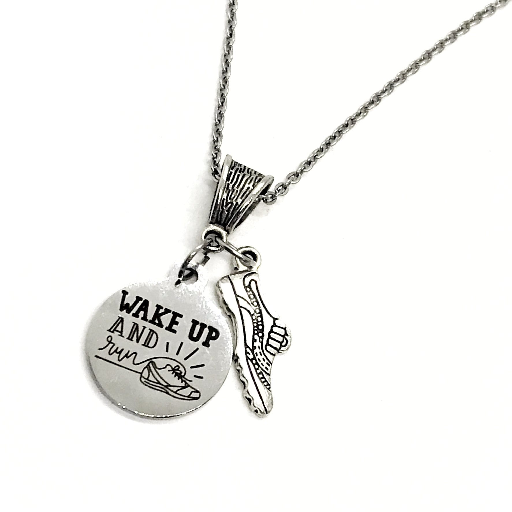 Stainless Steel "Wake Up and Run" Inspirational Runner Necklace
