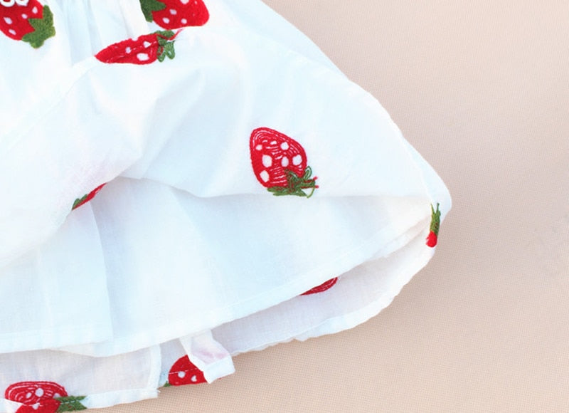 Adorable Summer Puff Sleeve Baby Girl Dress with Strawberry Embroidery