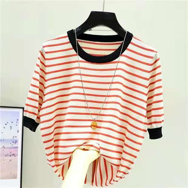 Elegant Striped Gauze T-Shirt for Women