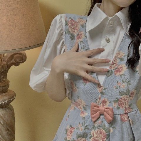 Women's Floral Print Denim Dress with White Blouse Set