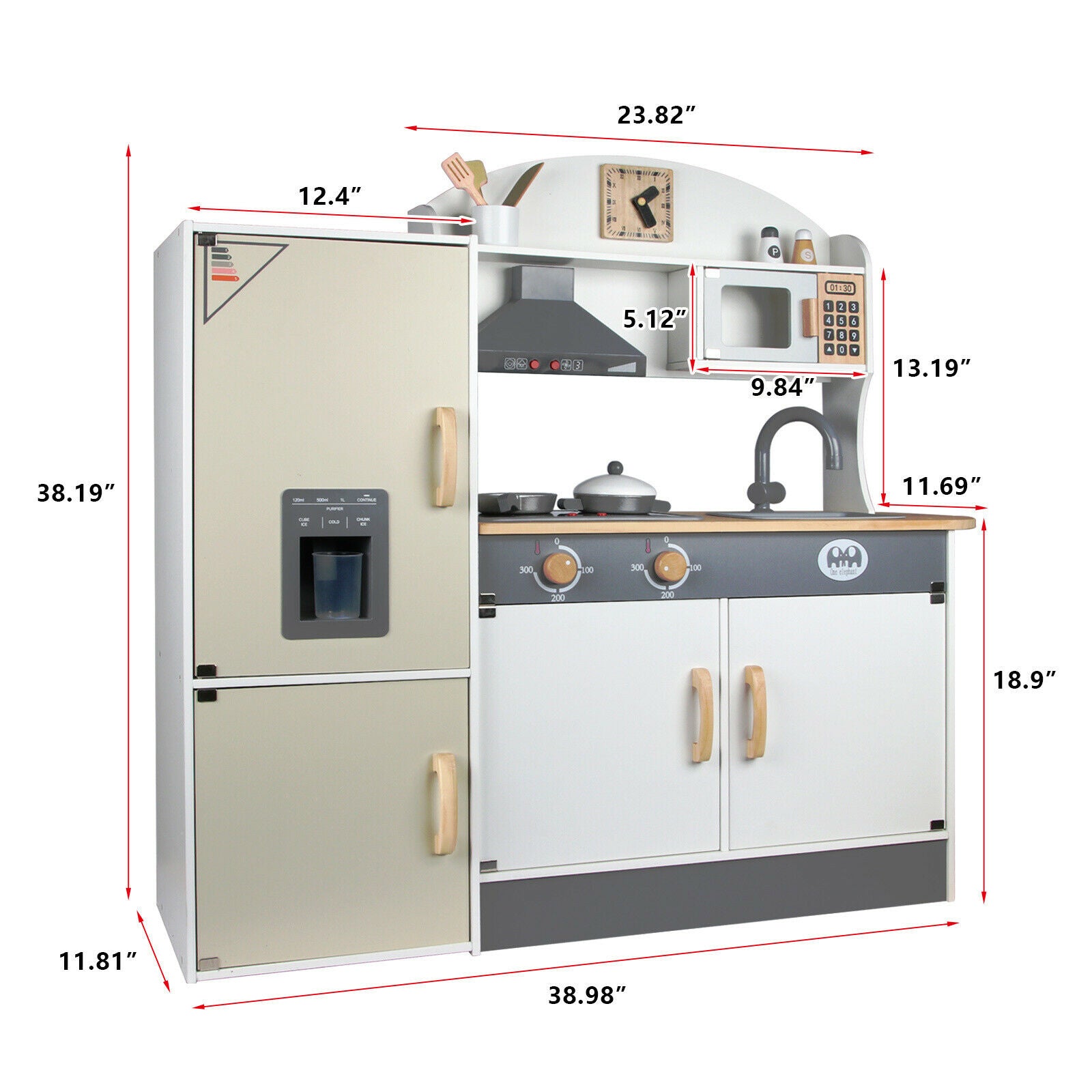 Interactive Wooden Play Kitchen Set with Ice Cube Dispenser and Refrigerator