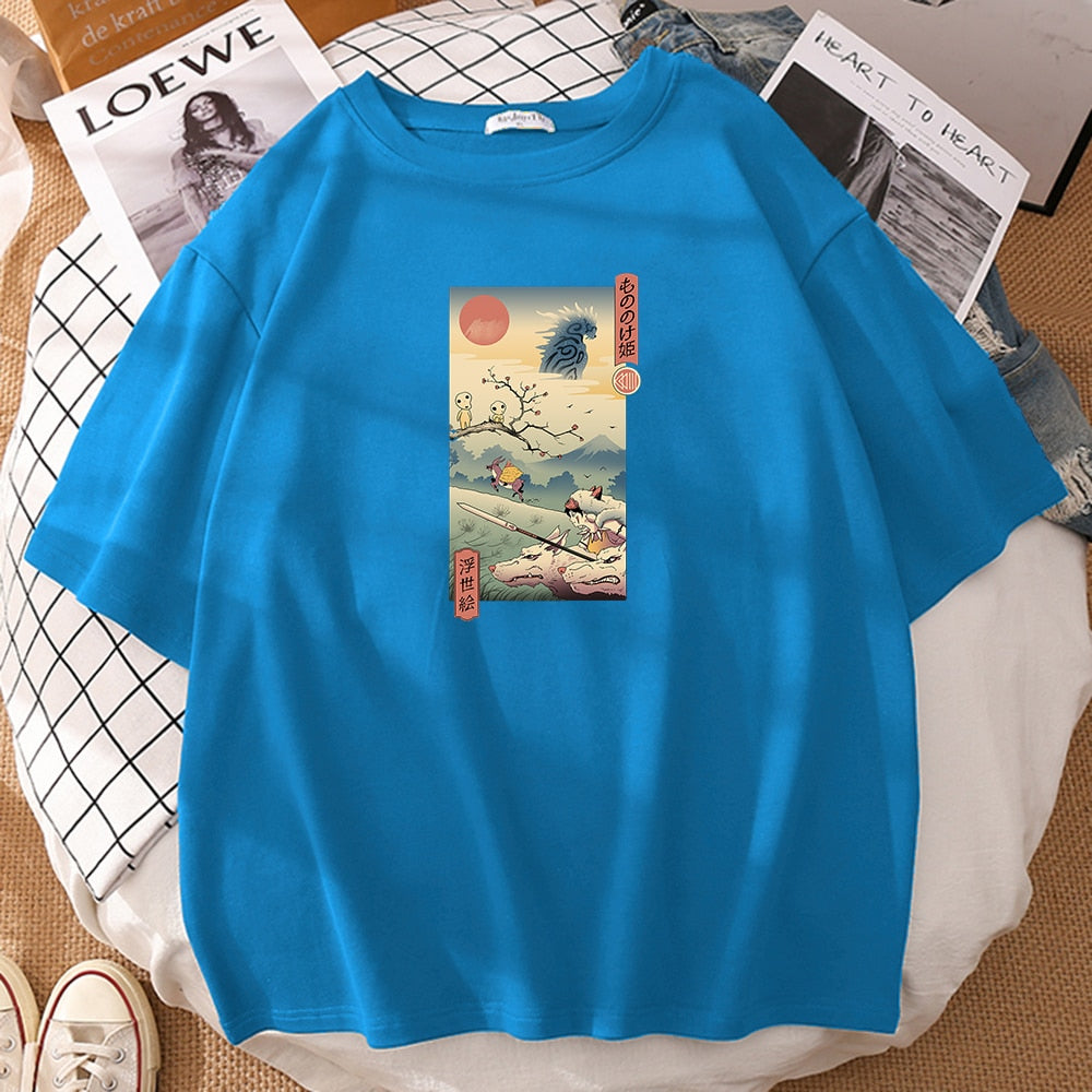 Epic Wolf Princess Ukiyo-e Graphic Tee - Men's Short Sleeve Casual T-Shirt