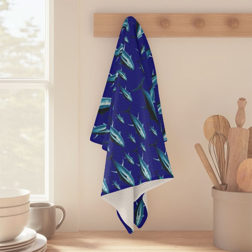 Vibrant Blue Tuna Watercolor Kitchen Towel