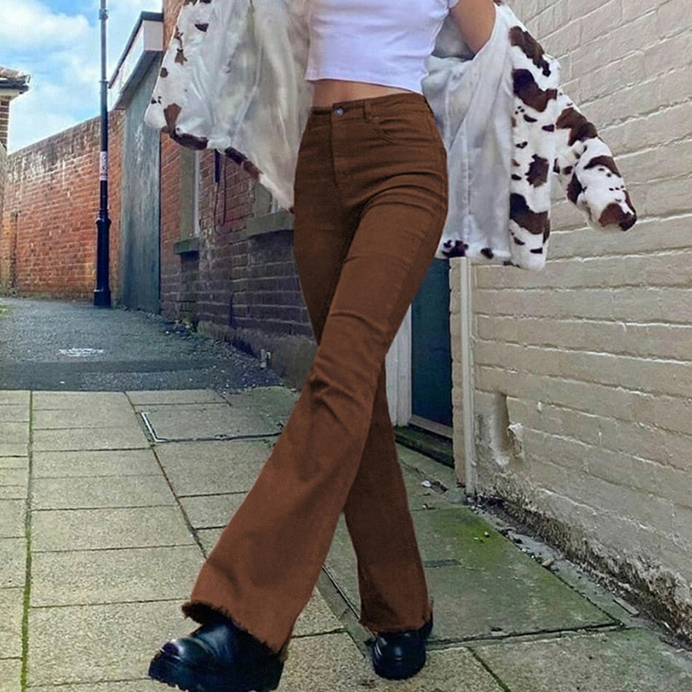Women's High-Waist Flared Jeans in Khaki, Black, and Brown