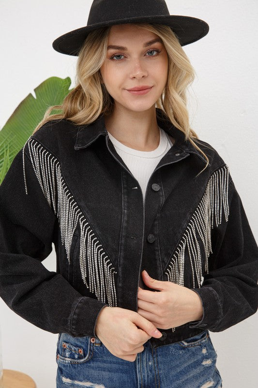 Stylish Denim Fringe Jacket with Rhinestone Embellishments
