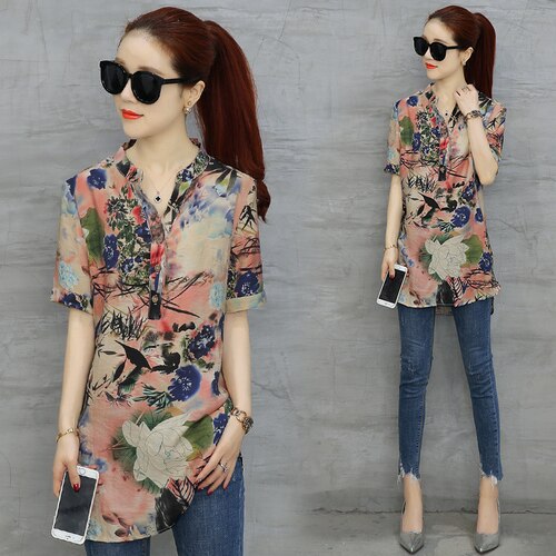 Stylish Chiffon Women's V-Neck Blouse with Short Sleeves